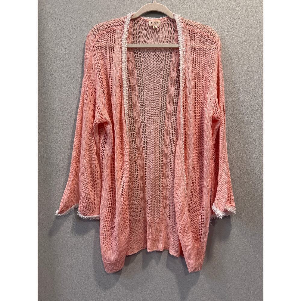 POL Pink Open-Weave Crochet Cardigan with White Trim